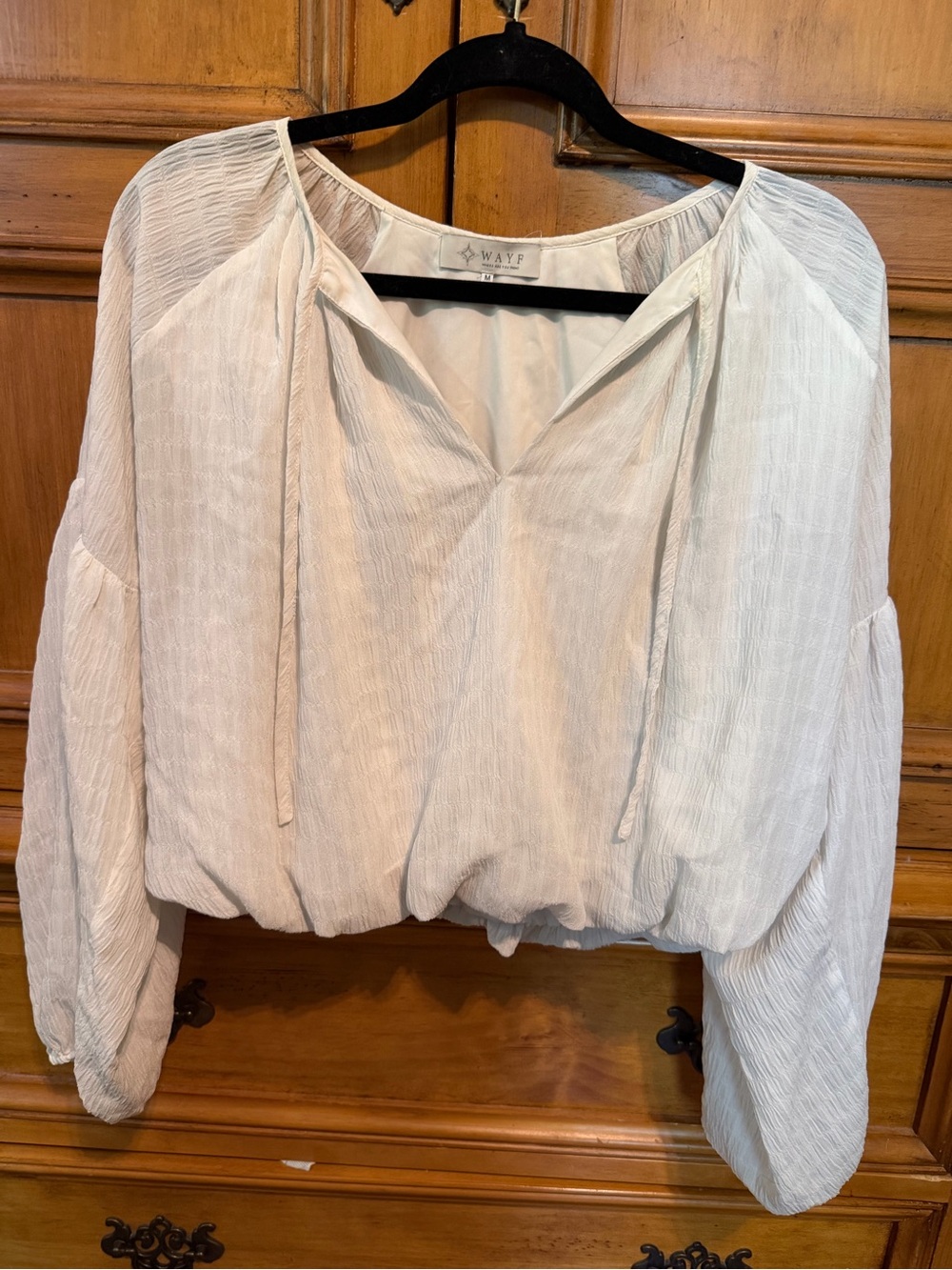 Wayf Ivory Textured Peasant Blouse - Balloon Sleeve Tie Neck